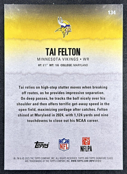 Tai Felton 2025 Topps Signature Class Rookie Green & Purple Foil Vikings back sports trading card