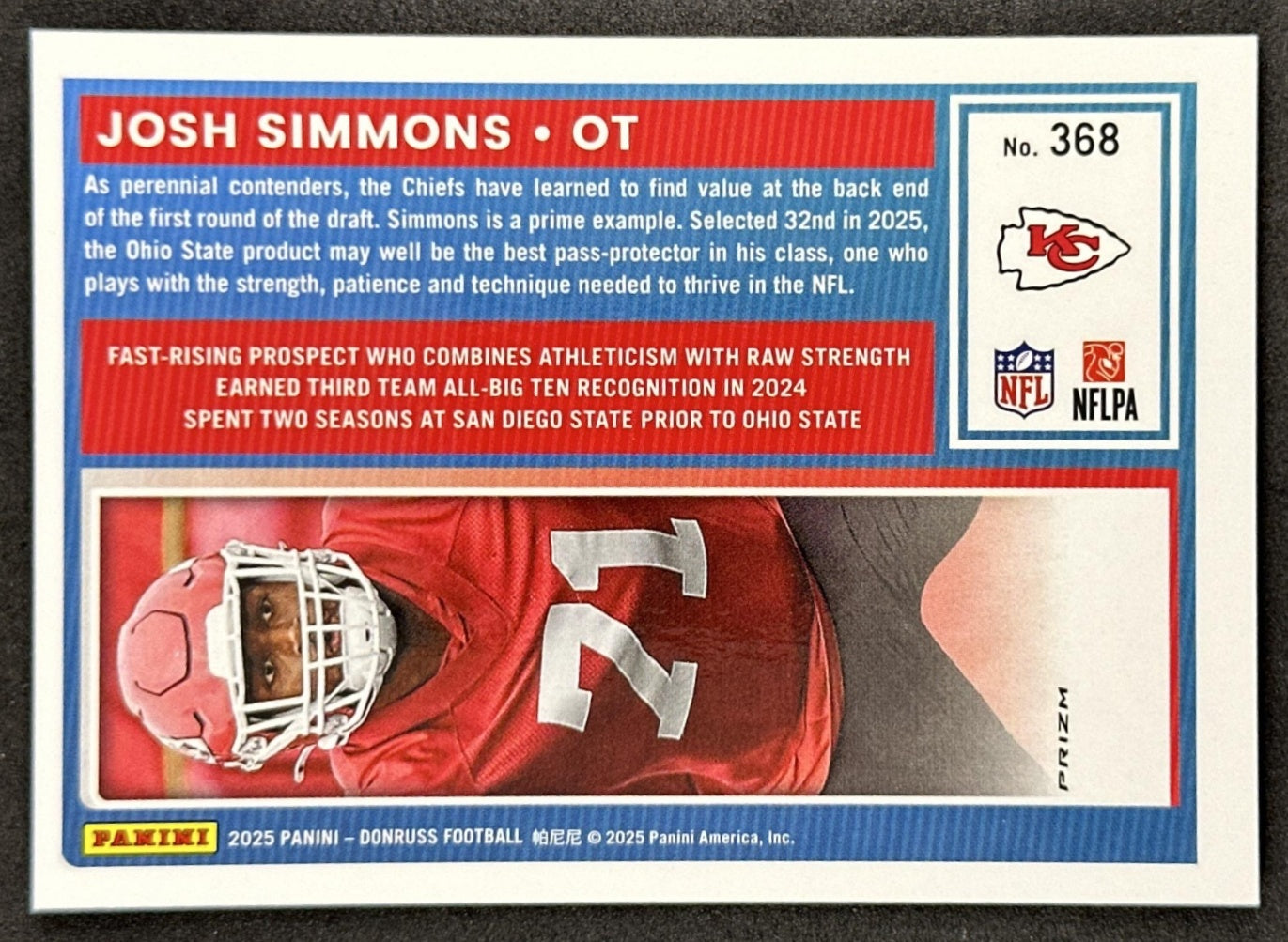 Josh Simmons 2025 Panini Donruss Optic Rated Rookie Preview Pink Chiefs Back