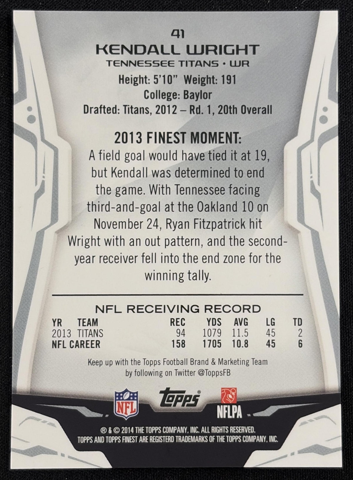 Kendall Wright 2014 Topps Finest Blue Refractors /99 Titans Sports Trading Card