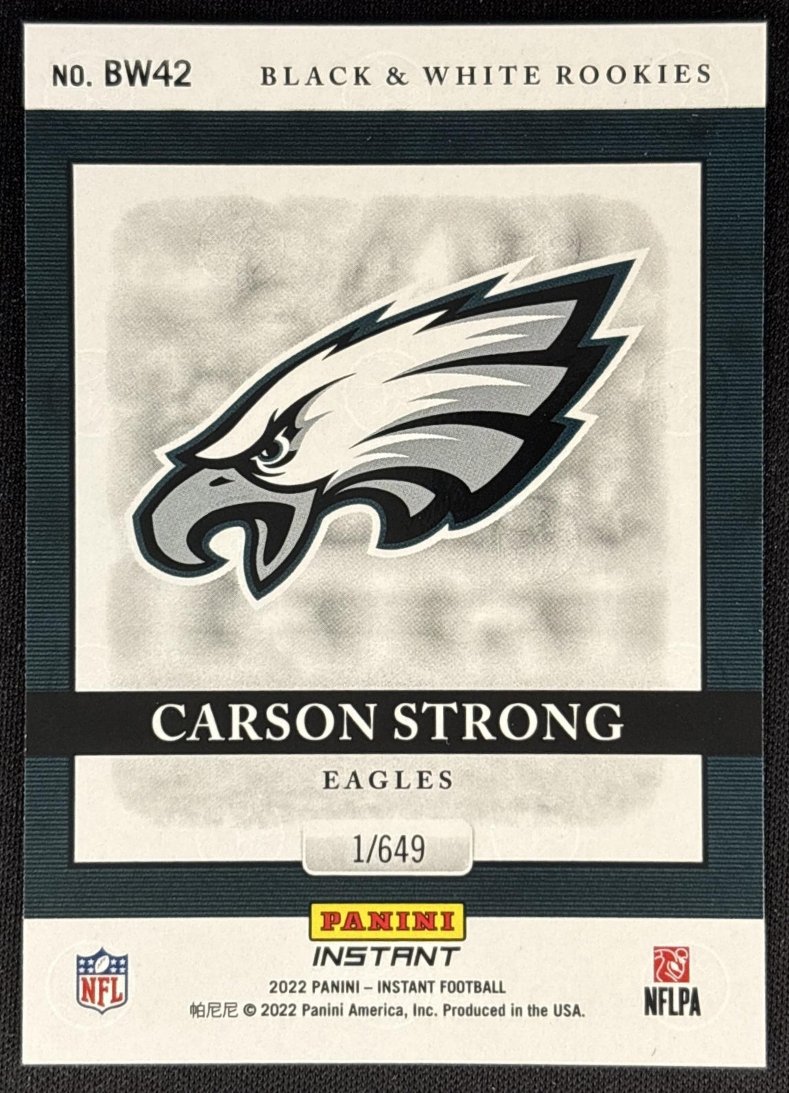 Carson Strong 2022 Panini Instant Black & White Rookies Eagles Sports Trading Cards