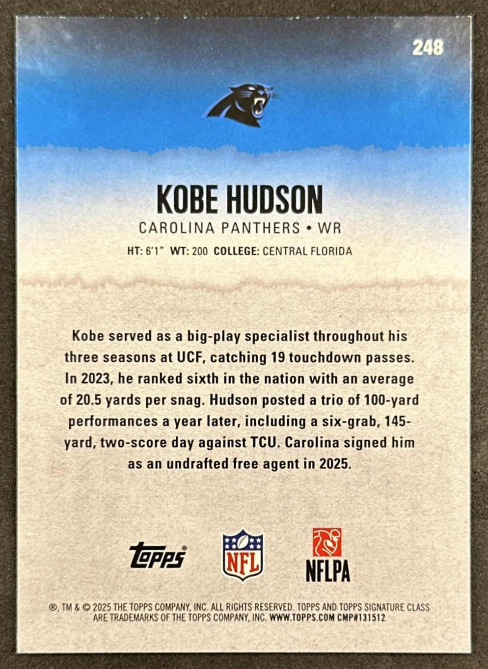 Kobe Hudson 2025 Topps Signature Class Rookie Blue & Yellow Foil Panthers