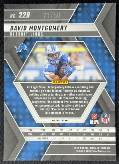 David Montgomery 2025 Panini Mosaic No Huddle Purple Prizm /50 Lions back