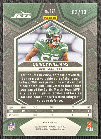 Quincy Williams 2024 Panini Mosaic Pink Swirl Prizm /13 Jets