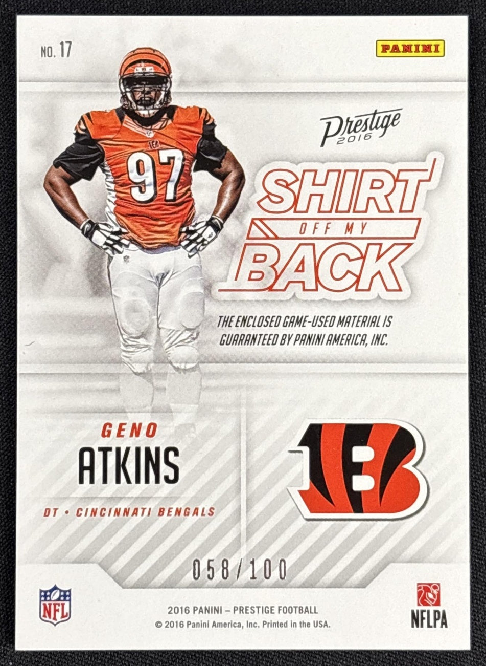 Geno Atkins 2016 Panini Prestige Shirt Off My Back /100 Bengals Sports Trading Cards
