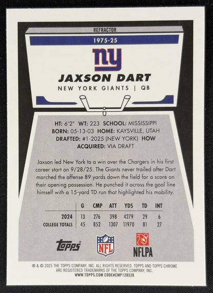 Jaxson Dart 2025 Topps Chrome 1975 Refractor Giants back