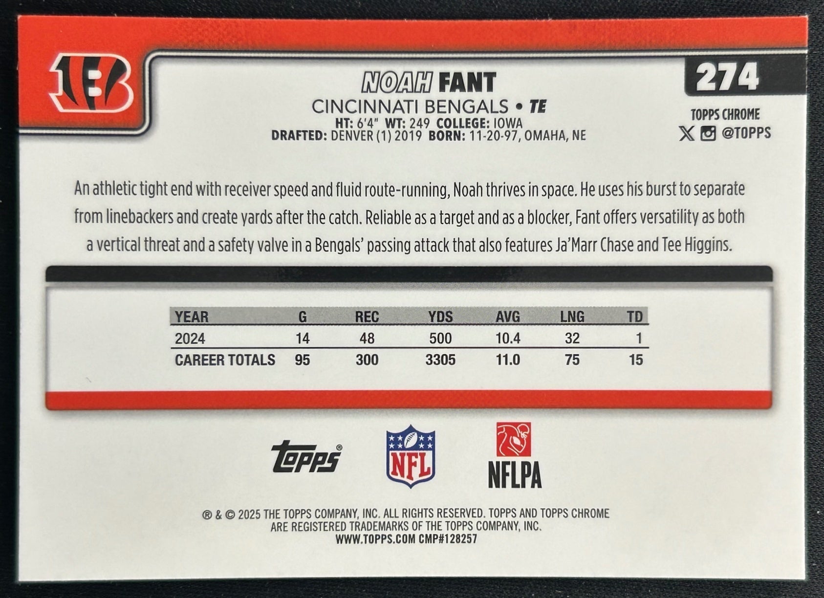 Noah Fant 2025 Topps Chrome Football Leather Refractor Bengals Sports Trading Cards