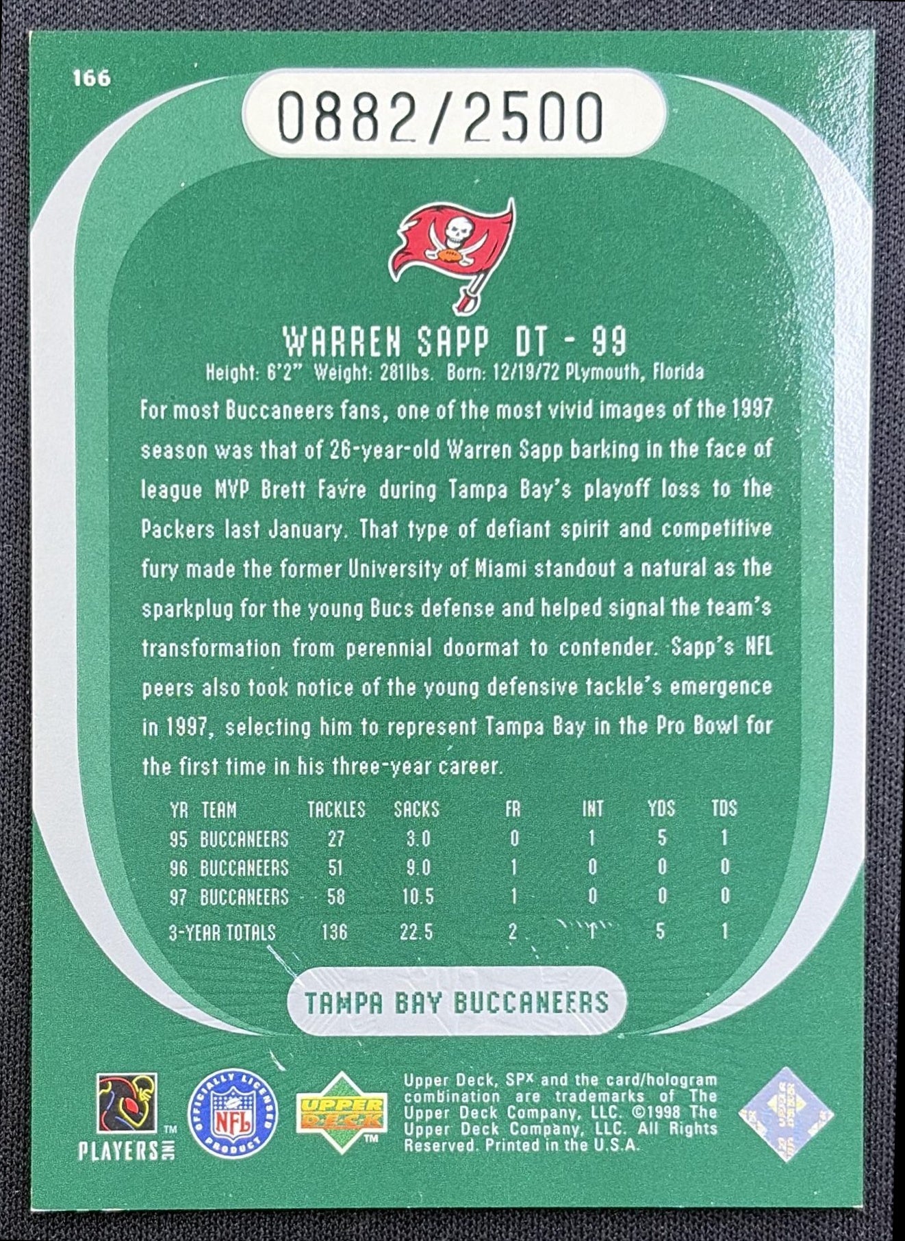 Warren Sapp 1998 SPx Finite /2500 Buccaneers