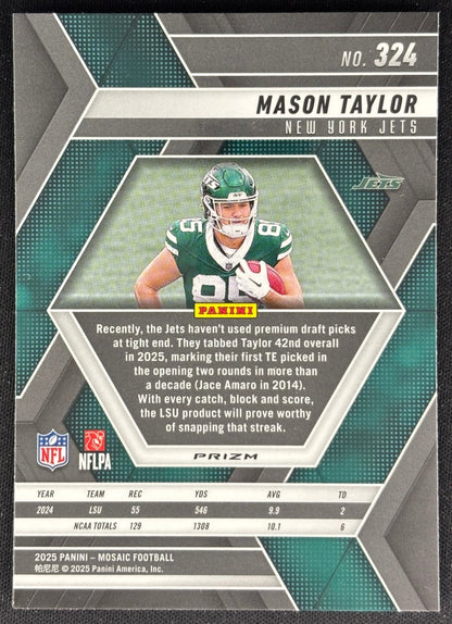 Mason Taylor 2025 Mosaic Rookies Reactive Purple Prizm Jets back sports trading card