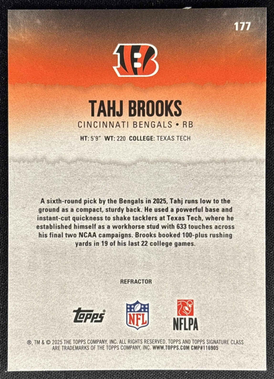 Tahj Brooks 2025 Topps Signature Class Chrome Rookie White Refractor Bengals Sports Trading Cards