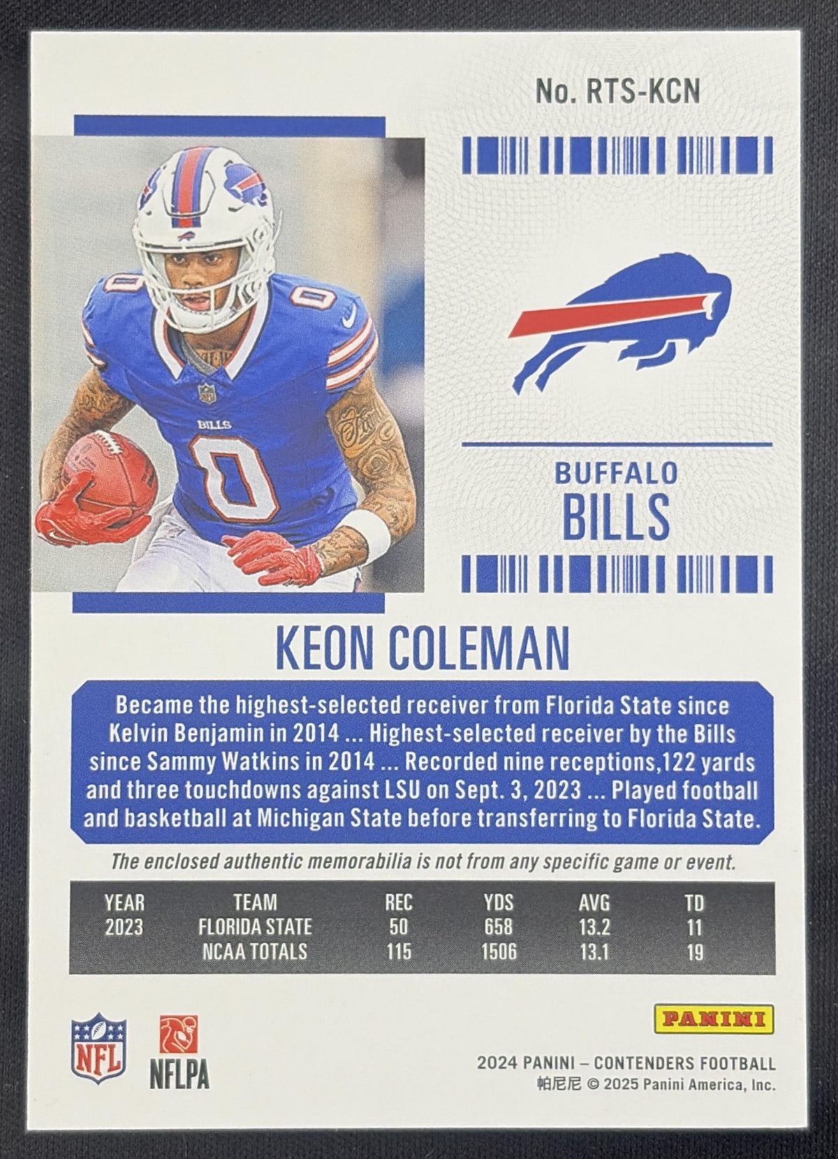 Keon Coleman 2024 Panini Contenders Rookie Ticket Swatches Bills