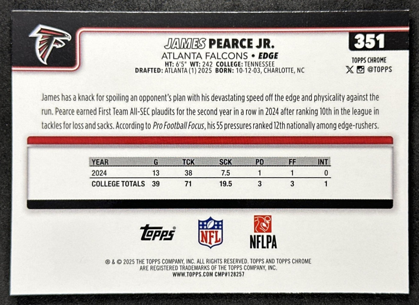 James Pearce Jr. 2025 Topps Chrome Sapphire Falcons