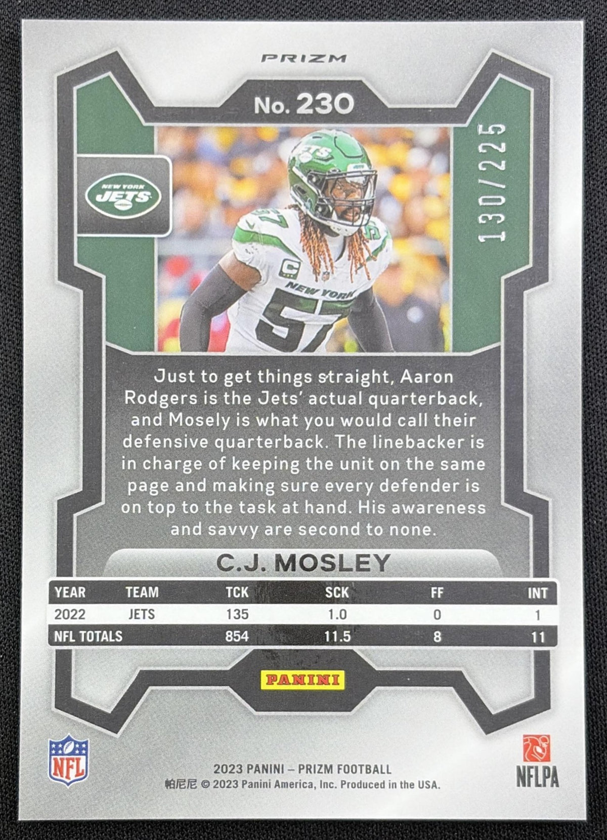 C.J. Mosley 2023 Panini Prizm Purple Ice /225 Jets