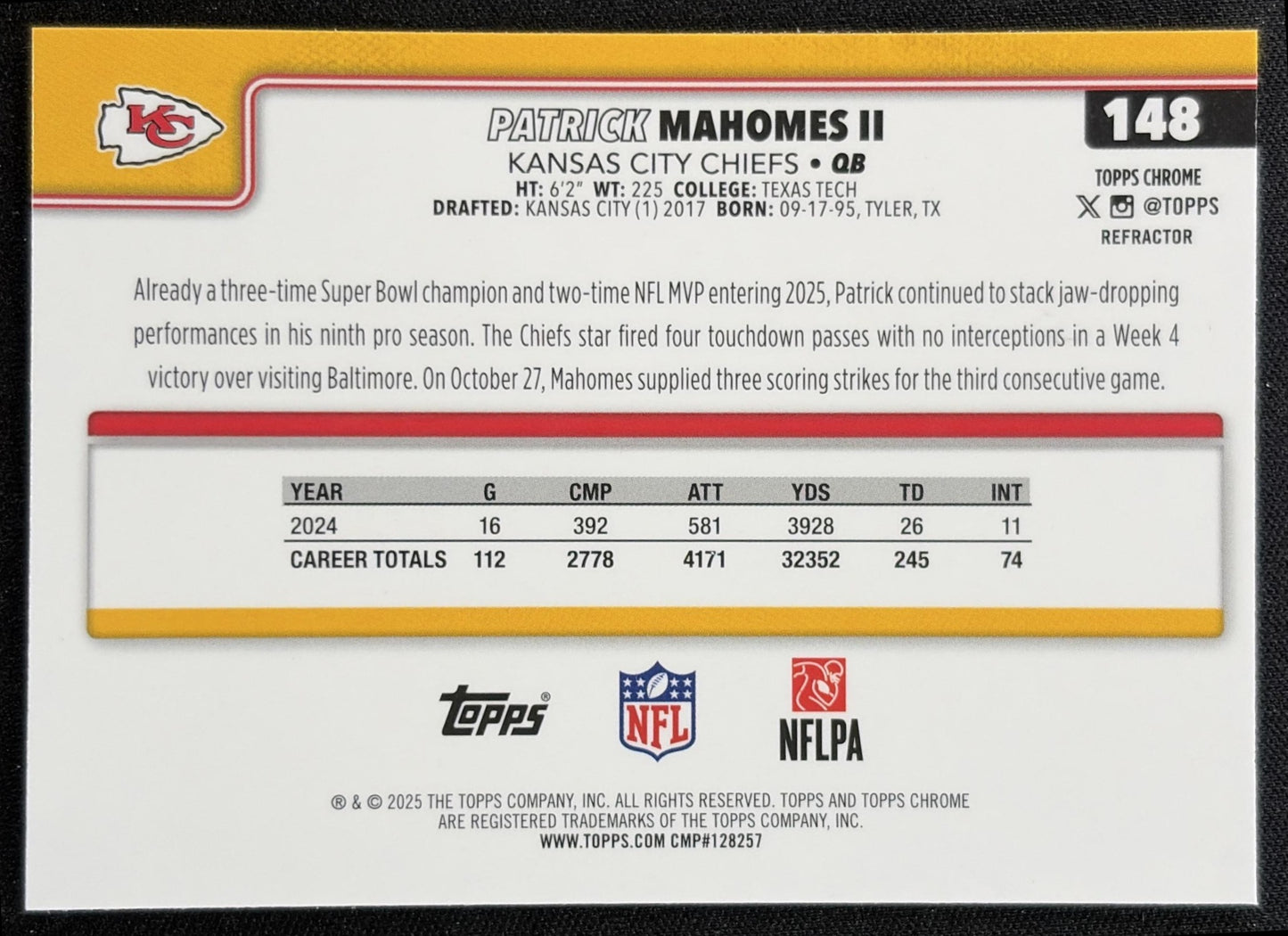 Patrick Mahomes II 2025 Topps Chrome Refractor Chiefs