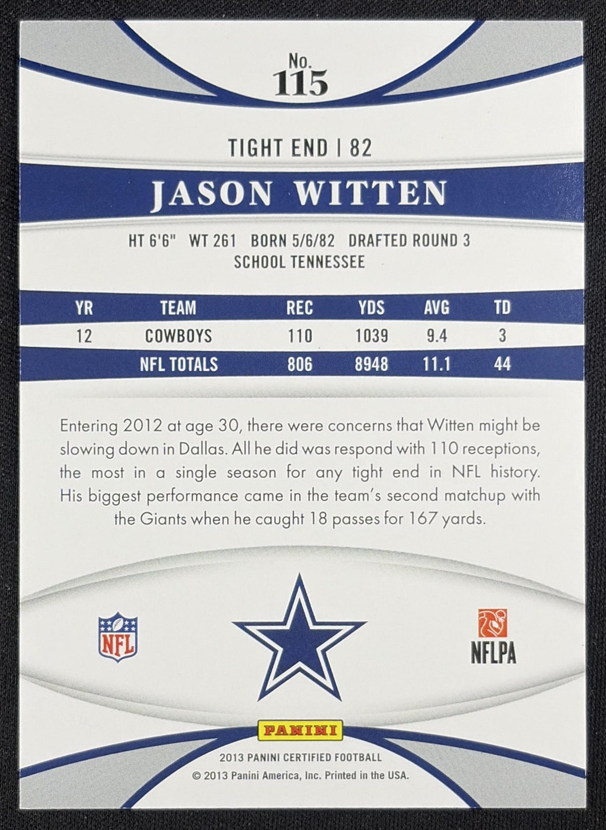 Jason Witten 2013 Panini Certified Mirror Red /250 Dallas Cowboys