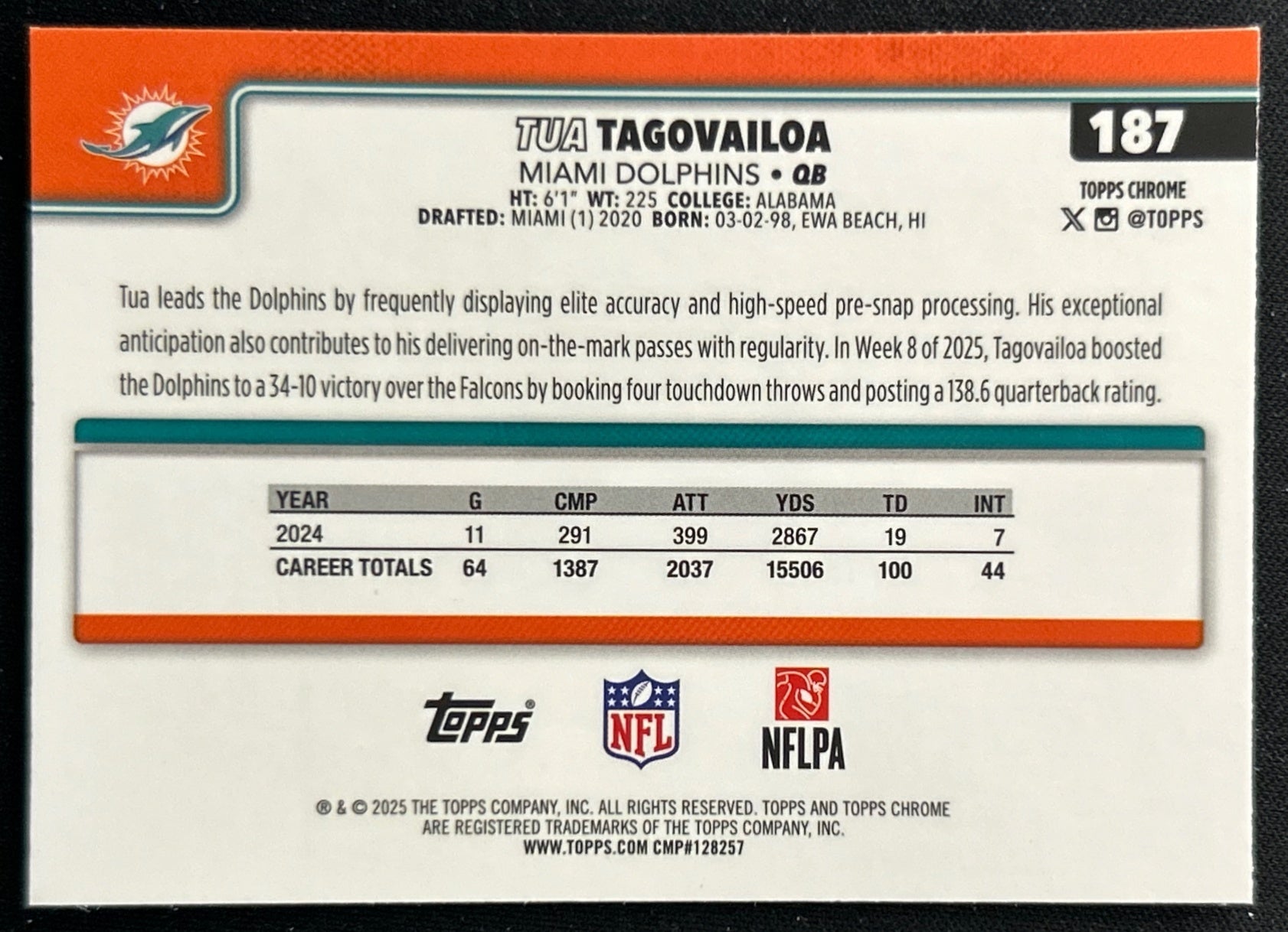 Tua Tagovailoa 2025 Topps Chrome Dolphins Falcons Sports Trading Cards