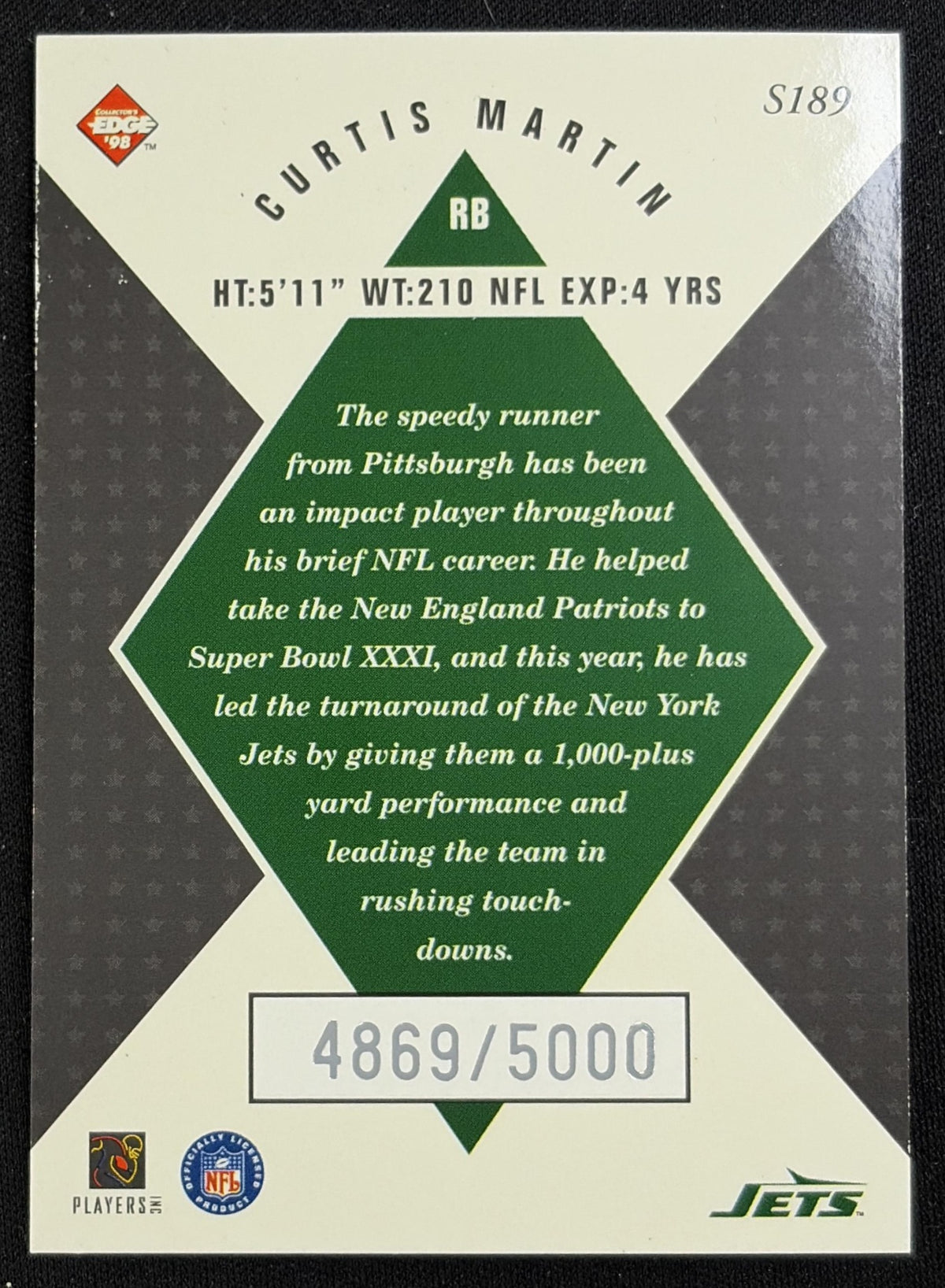 Curtis Martin 2000 Collector's Edge Masters Legends /5000 Jets sports trading card back