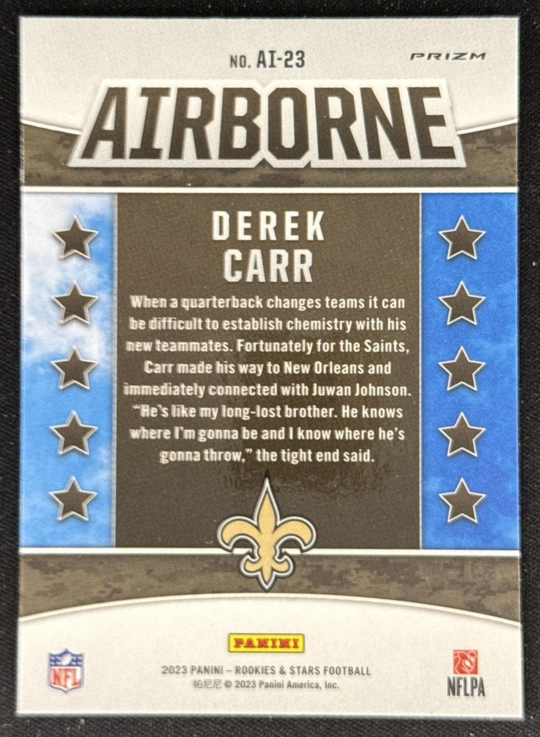 Derek Carr 2023 Panini Rookies & Stars Airborne Red Plaid Saints New Orleans Saints Sports Trading Card