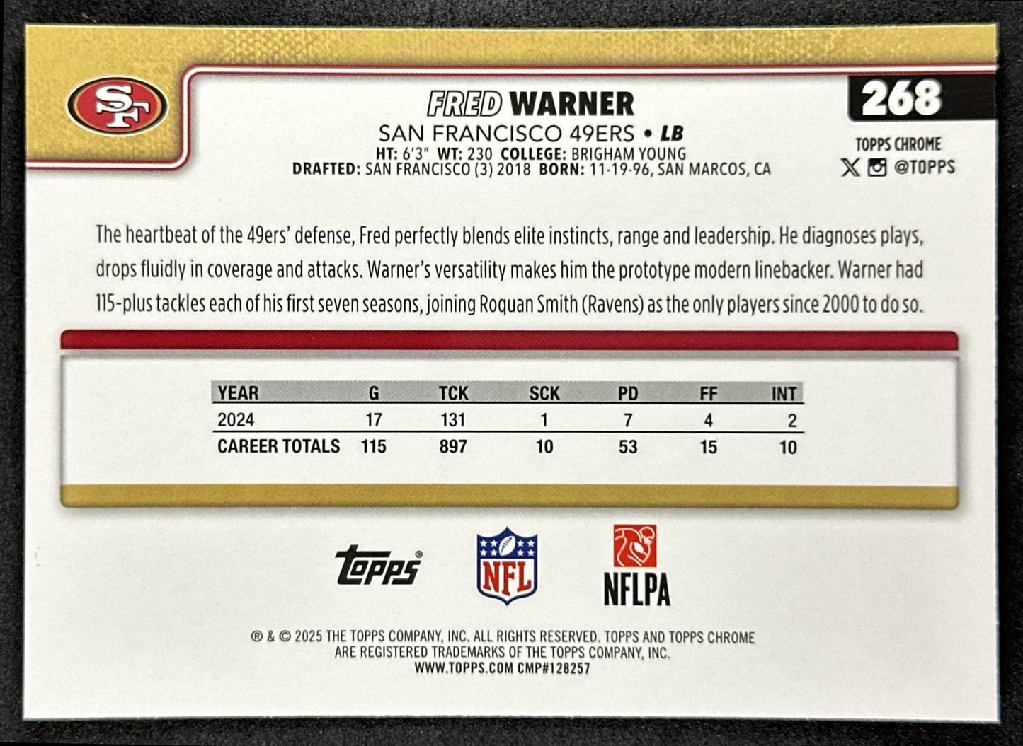 Fred Warner 2025 Topps Chrome RayWave Refractor 49ers