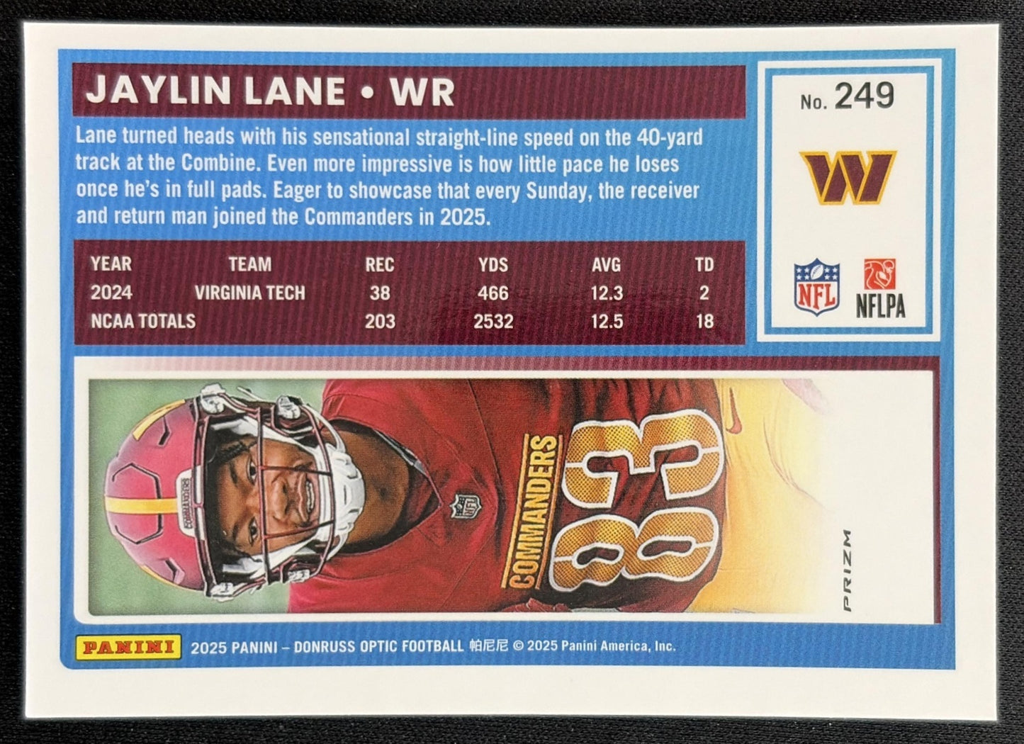 Jaylin Lane 2025 Panini Donruss Optic Rated Rookie Blue Hyper Prizm Commanders back