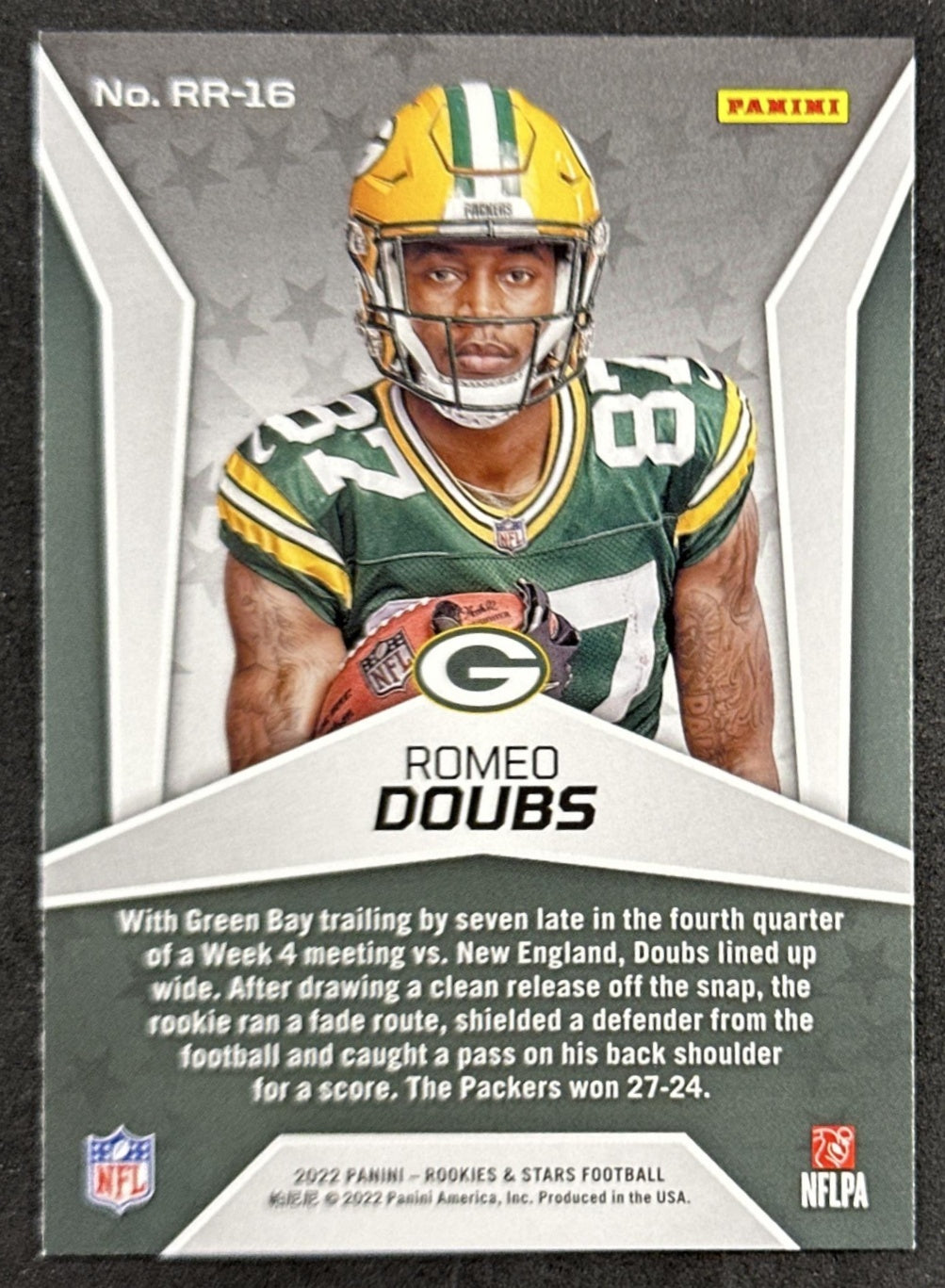 Romeo Doubs 2022 Panini Rookies & Stars Rush Packers Patriots back sports trading card