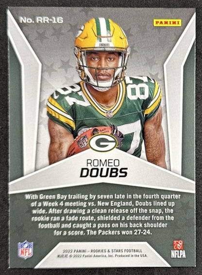 Romeo Doubs 2022 Panini Rookies & Stars Rush Packers Patriots back sports trading card