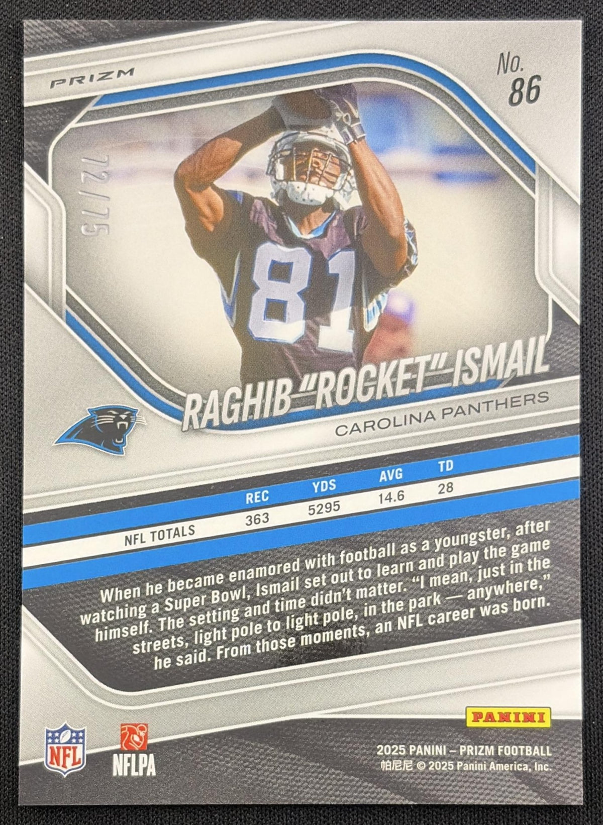 Raghib "Rocket" Ismail 2025 Panini Prizm No Huddle Purple /75 Panthers Carolina Panthers