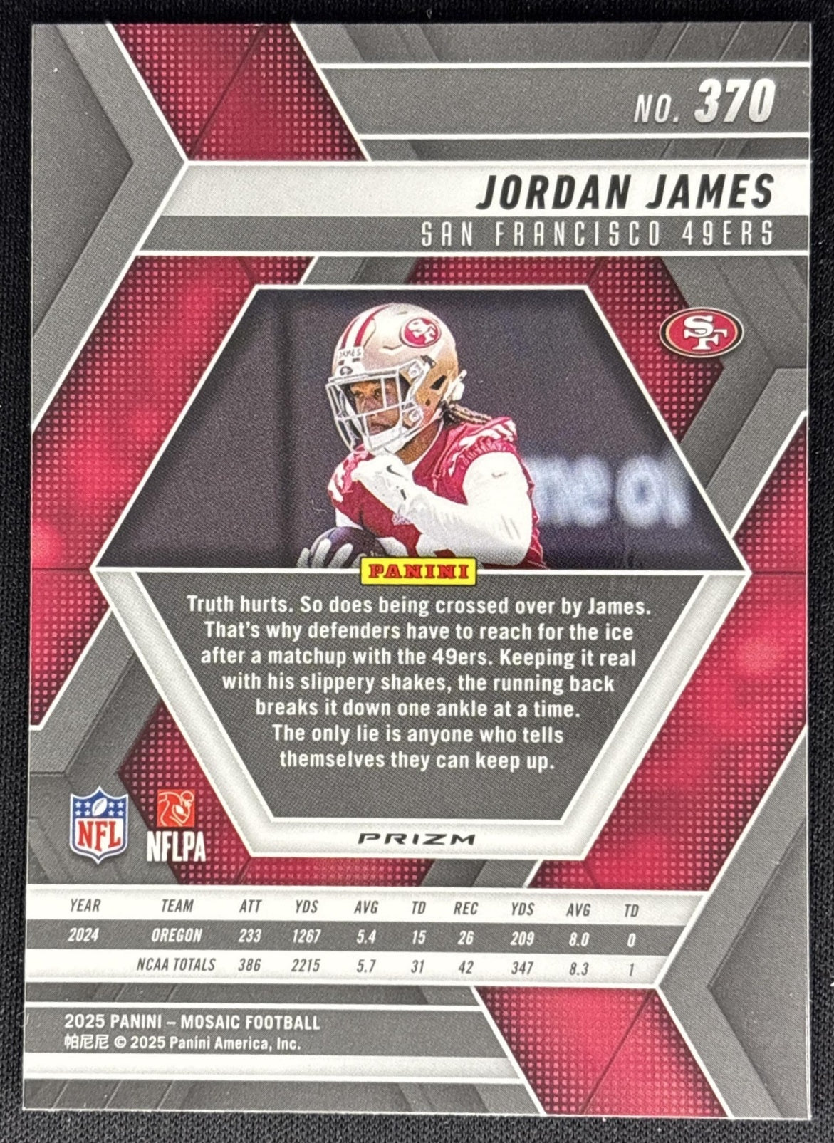 Jordan James 2025 Panini Mosaic Rookies Red Prizm 49ers back