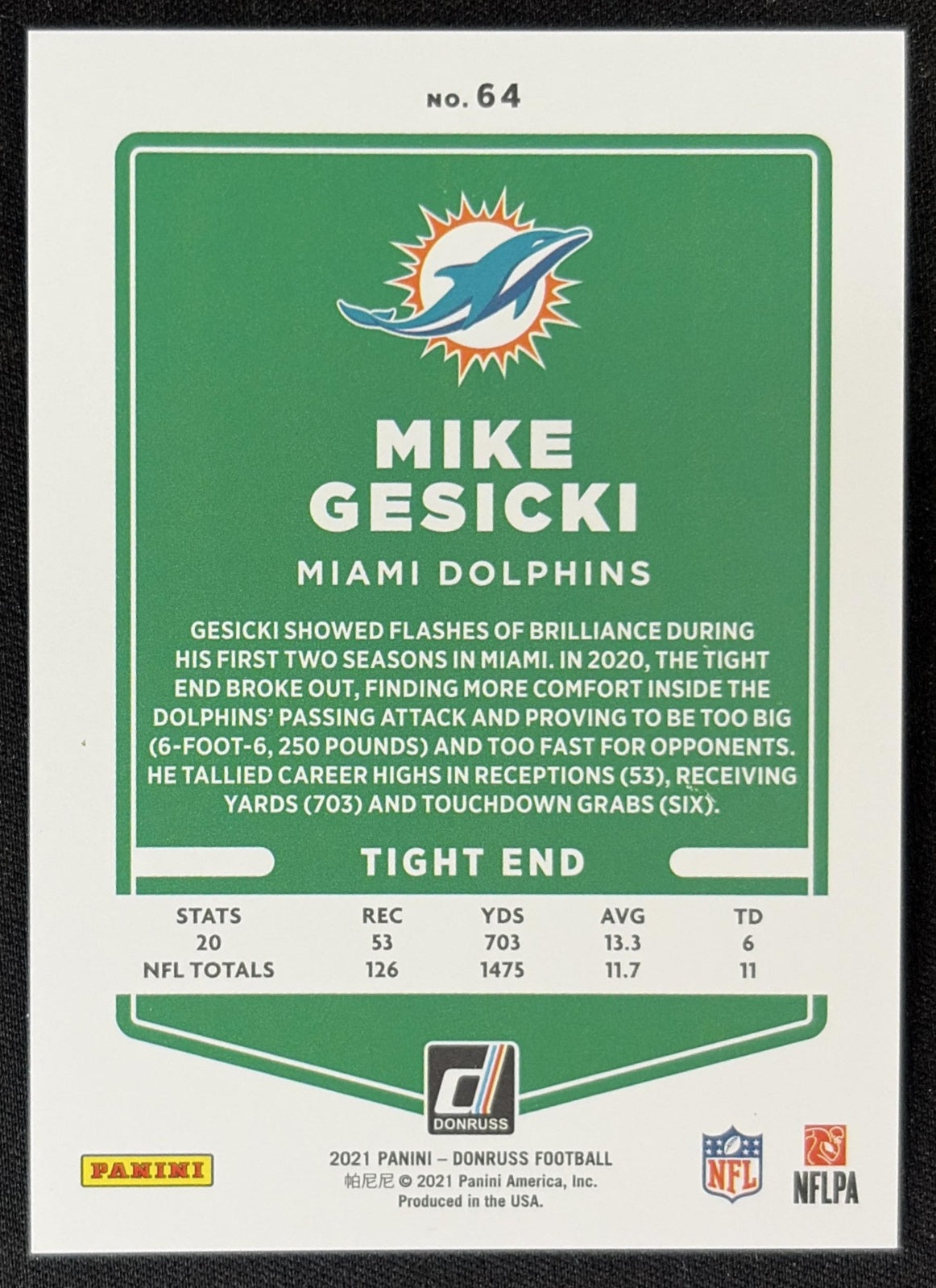 Mike Gesicki 2021 Panini Donruss Press Proof Premium Dolphins - Miami Dolphins