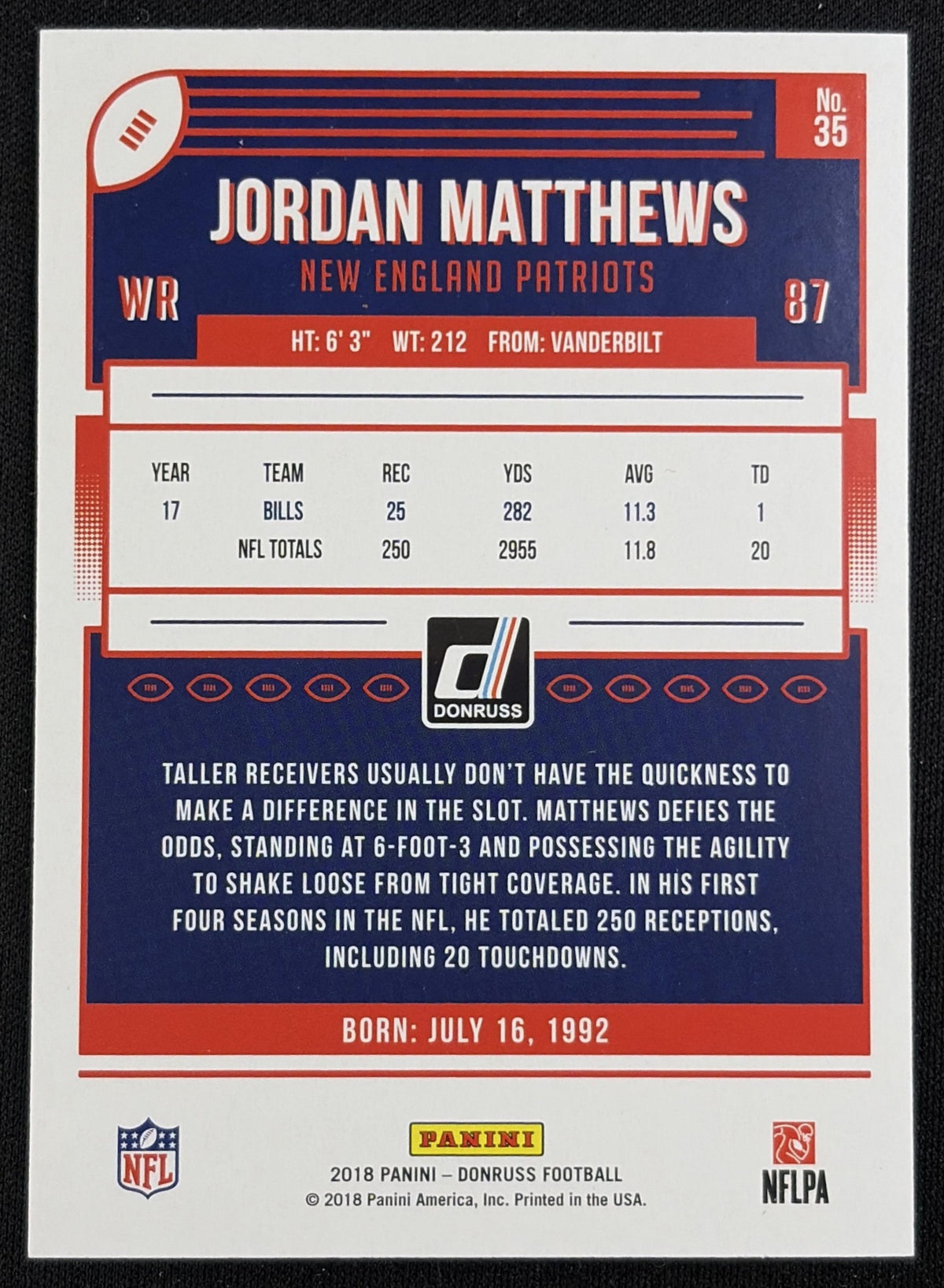 Jordan Matthews 2018 Panini Donruss Season Stat Line /11 Patriots Sports Trading Card