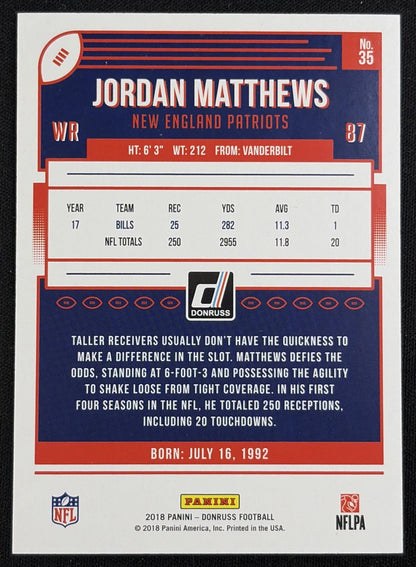 Jordan Matthews 2018 Panini Donruss Season Stat Line /11 Patriots Sports Trading Card