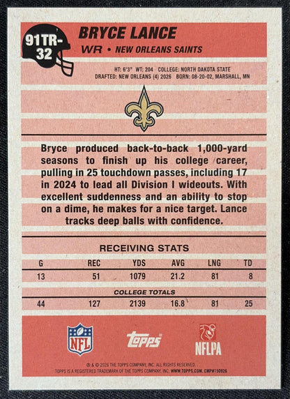 Bryce Lance 2026 Topps 1991 Rookie Crackle Foil Saints back