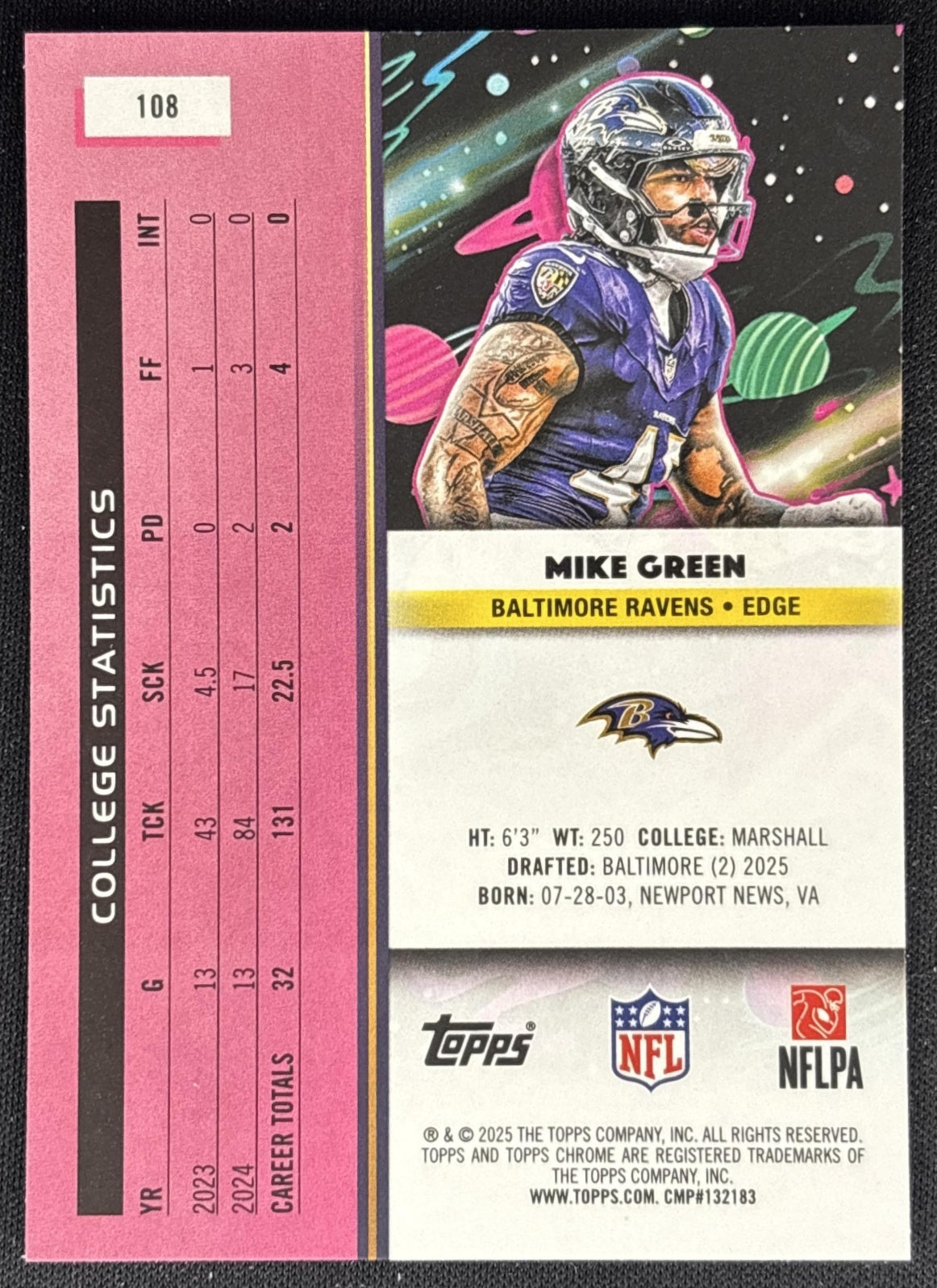 Mike Green 2025 Topps Cosmic Chrome Ravens back