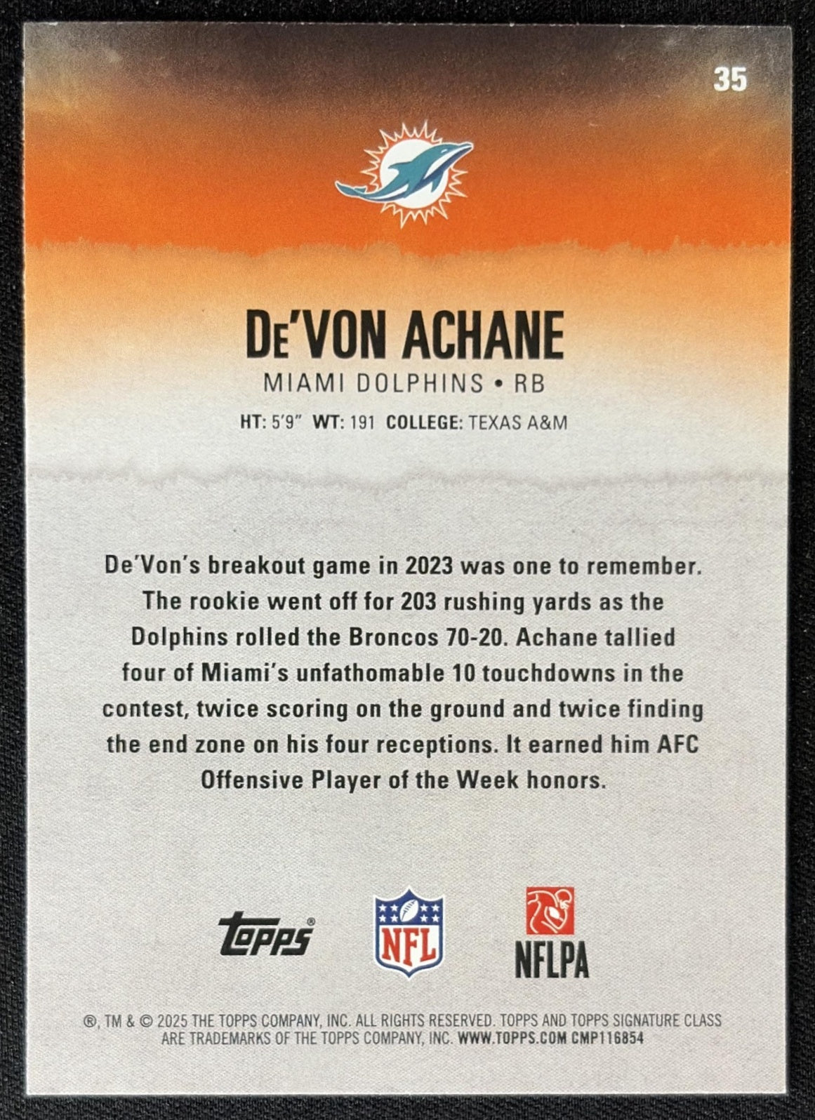 De'Von Achane 2025 Topps Signature Class Veteran Red & Black Foil Dolphins