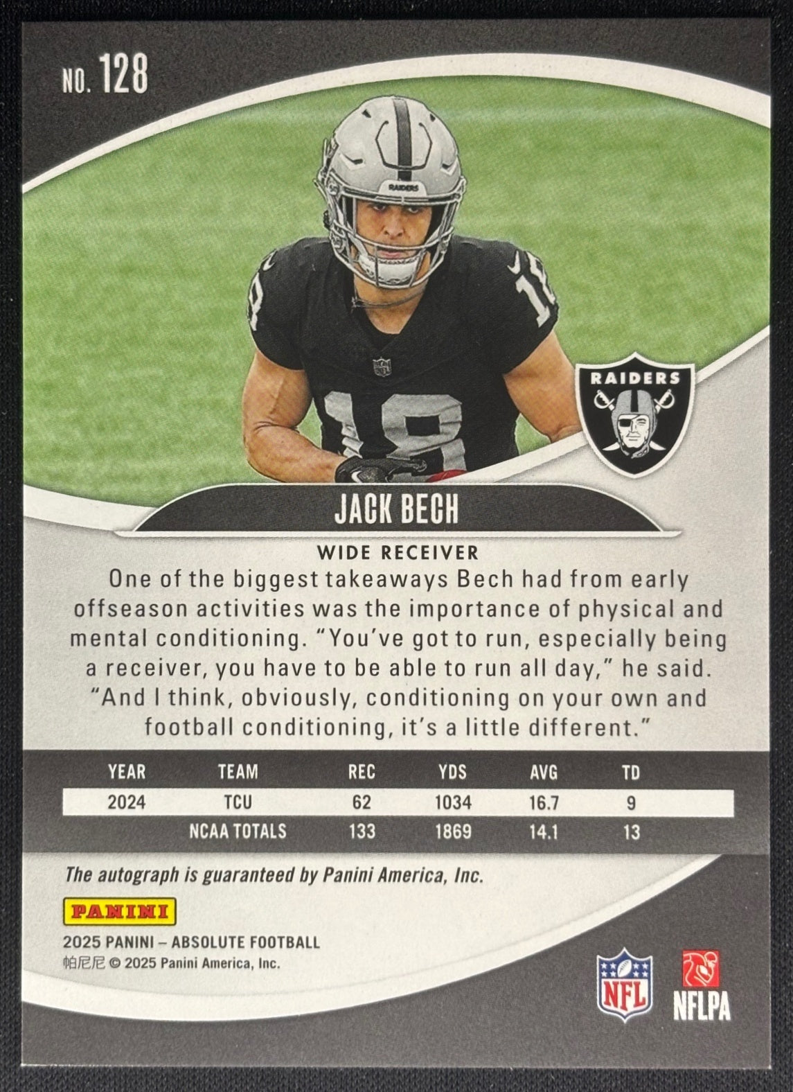 Jack Bech 2025 Panini Absolute Signature Rookies Raiders Sports Trading Cards