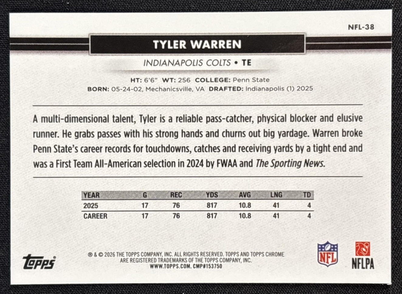 Tyler Warren 2026 Topps NSCC Collection NFL Colts Sports Trading Cards