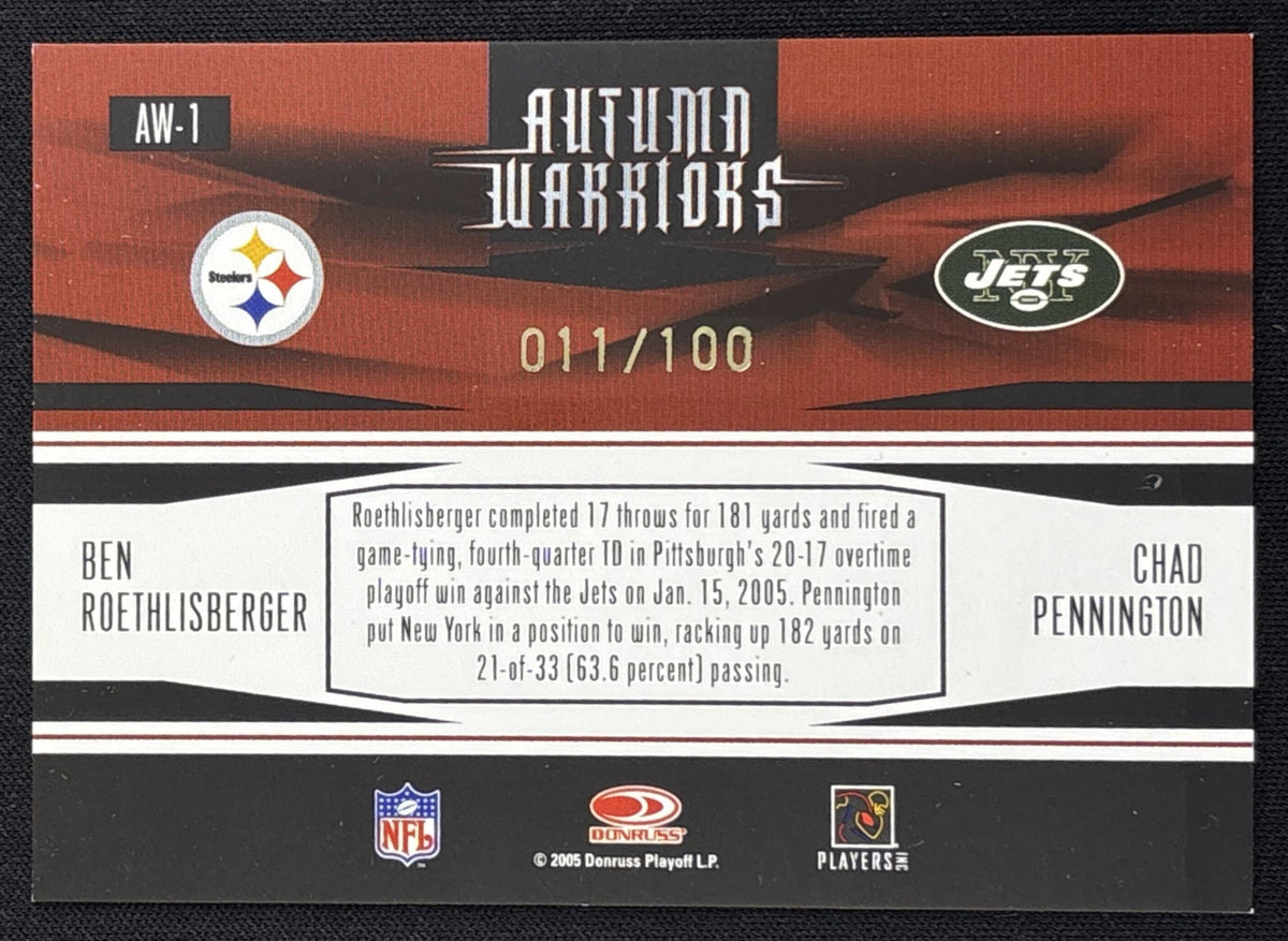 Ben Roethlisberger Chad Pennington 2005 Donruss Zenith Autumn Warriors Gold /100 Steelers Jets sports trading card back