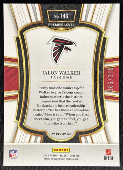 Jalon Walker 2025 Panini Select Premier Level Tri-Color Prizm /299 Falcons Sports Trading Card