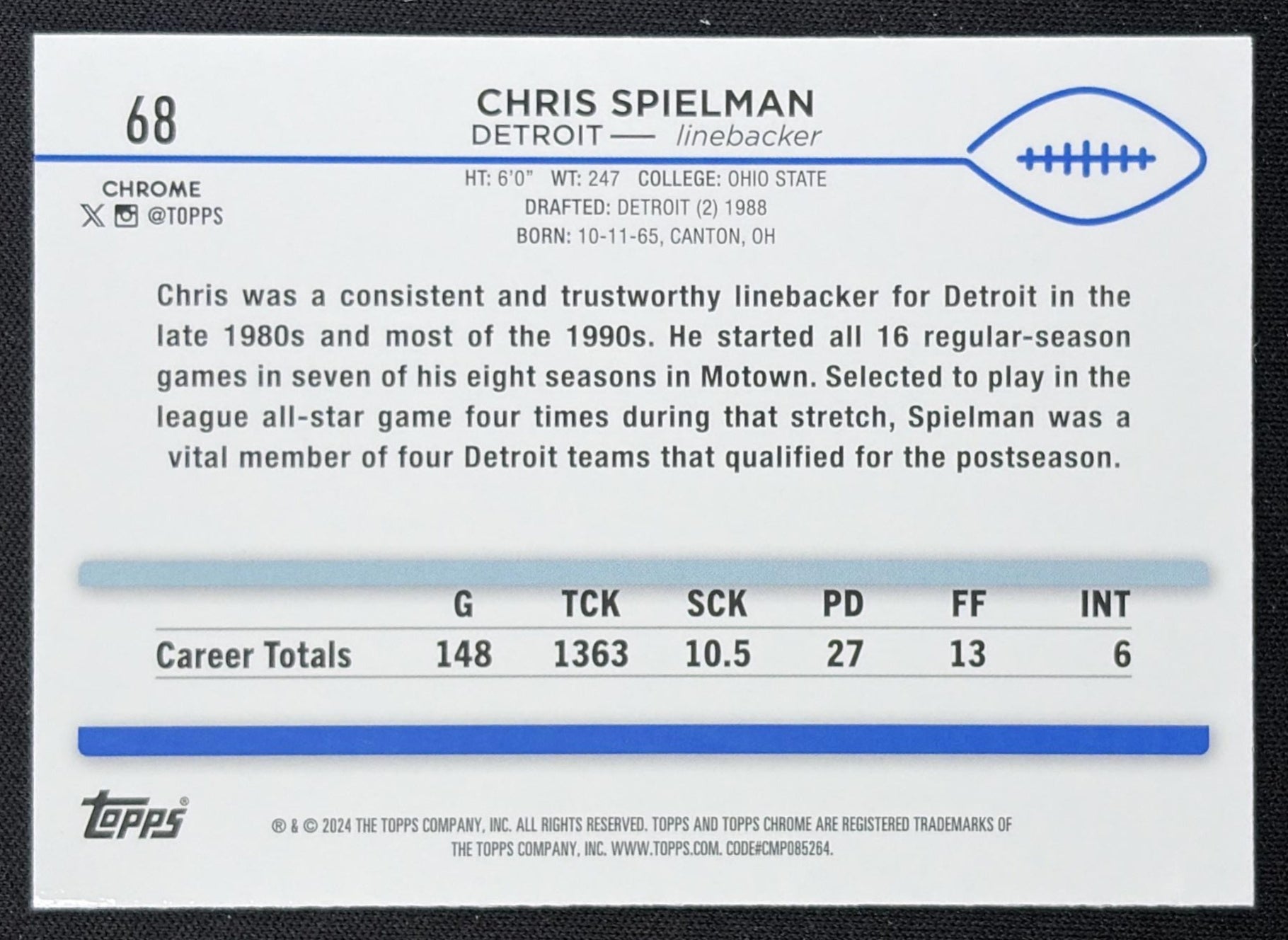 Chris Spielman 2024 Topps Chrome Teal Refractor /250 Lions