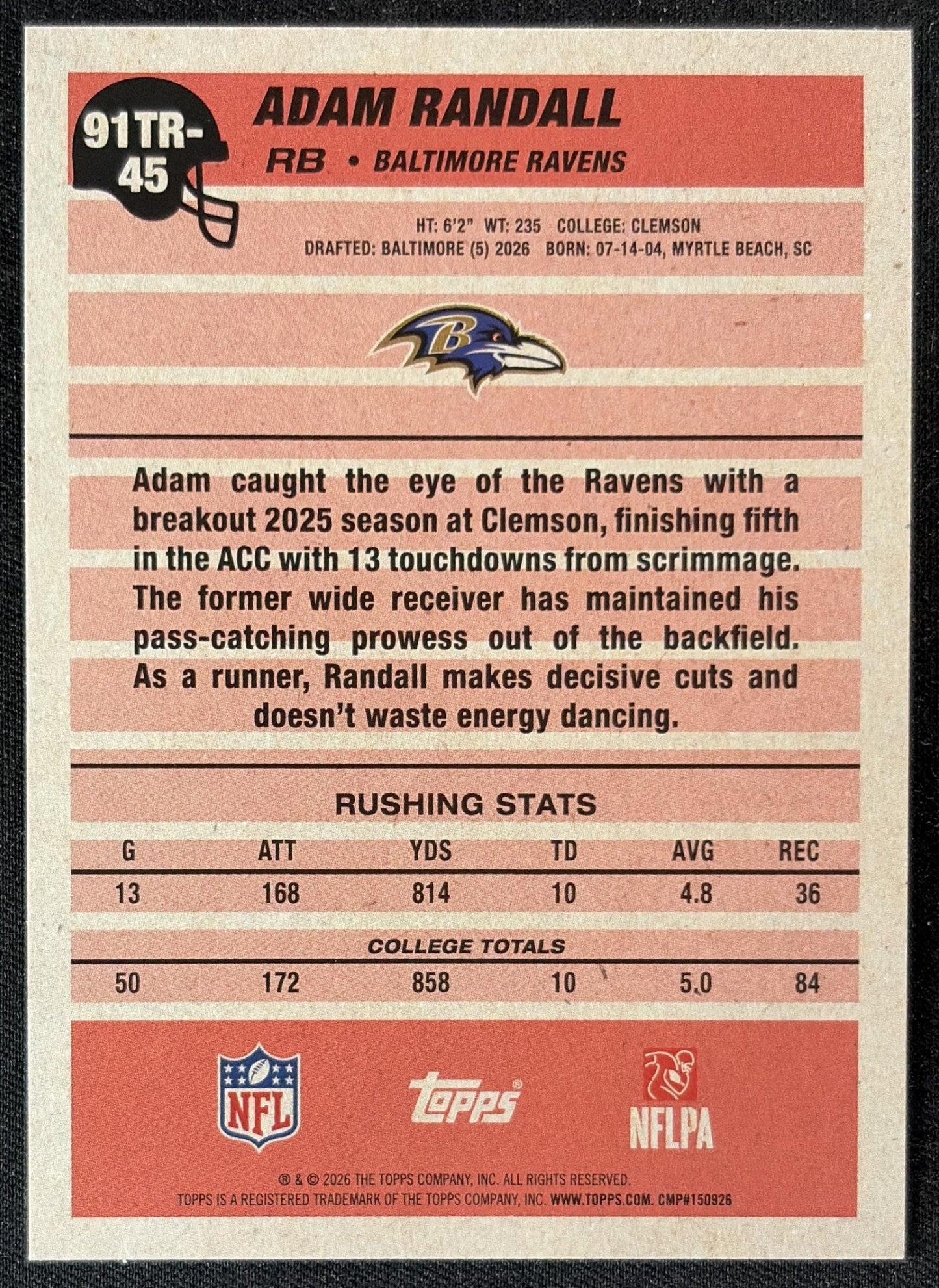 Adam Randall 2026 Topps 1991 Rookie Crackle Foil Ravens back
