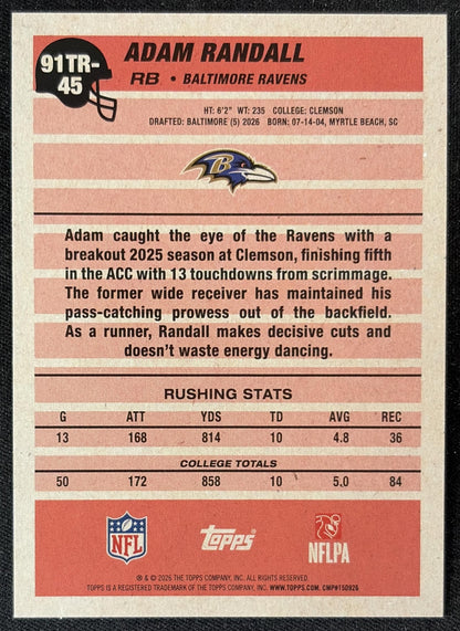 Adam Randall 2026 Topps 1991 Rookie Crackle Foil Ravens back