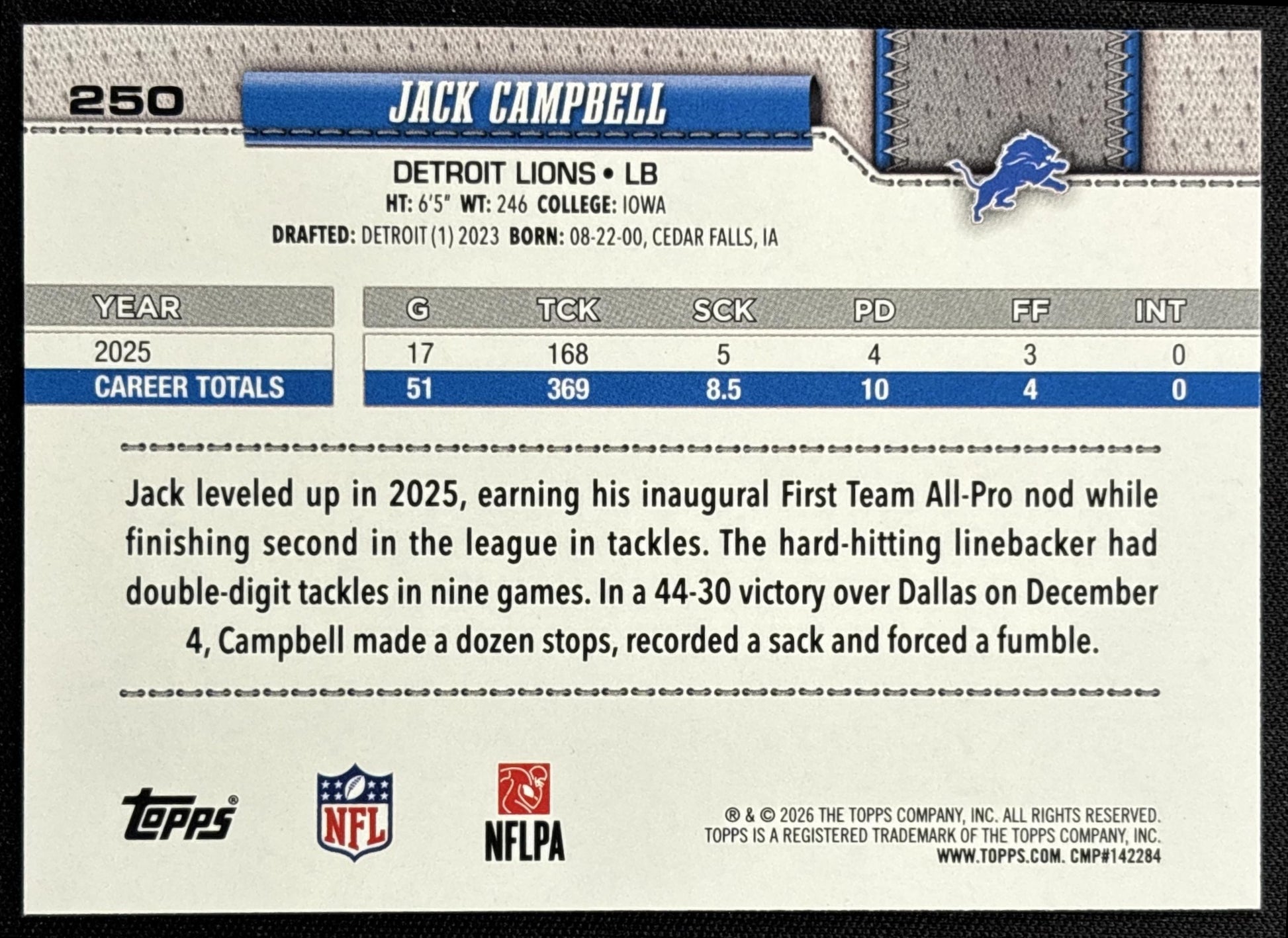 Jack Campbell 2026 Topps Pink Diamante Foil Lions