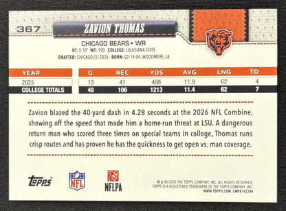 Zavion Thomas 2026 Topps Pink Holo Foil Bears