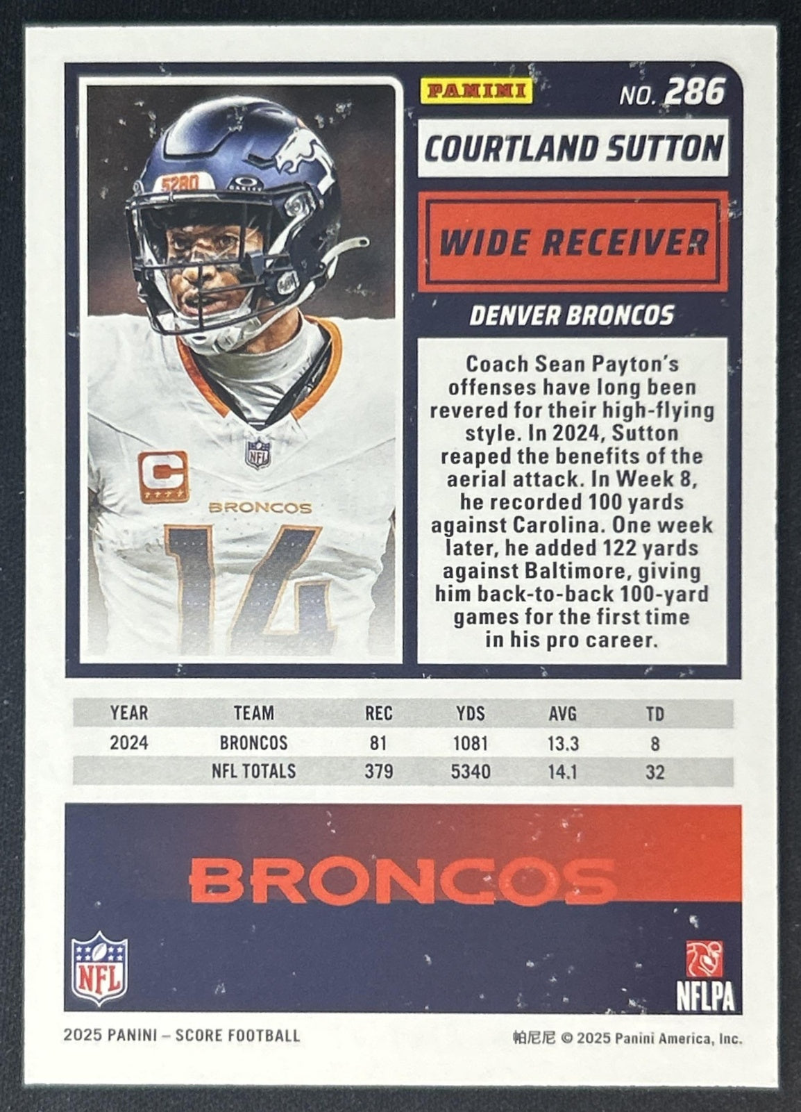 Courtland Sutton 2025 Panini Score Dots Gold /499 Broncos back