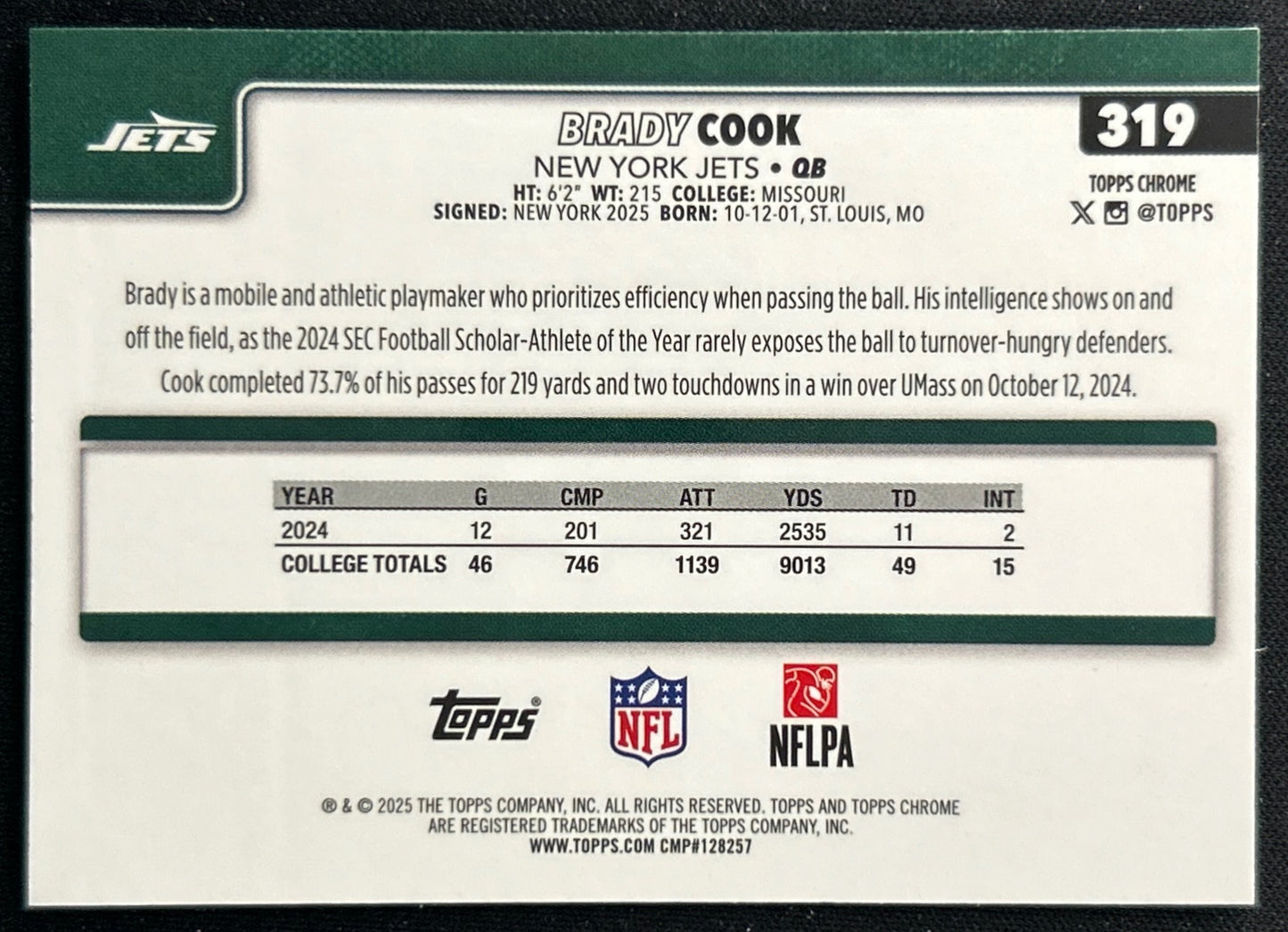 Brady Cook 2025 Topps Chrome Rookie Jets Sports Trading Cards