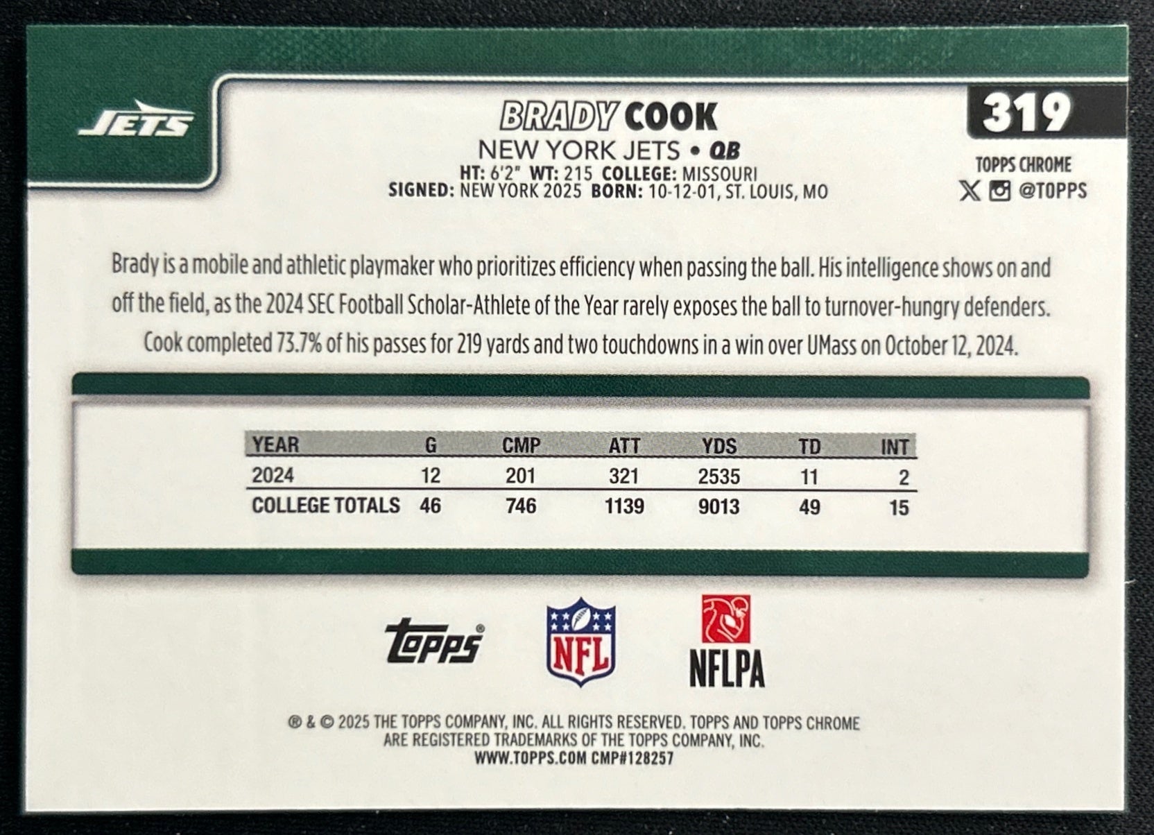 Brady Cook 2025 Topps Chrome Rookie Jets Sports Trading Cards