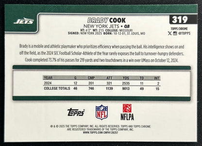 Brady Cook 2025 Topps Chrome Rookie Jets Sports Trading Cards