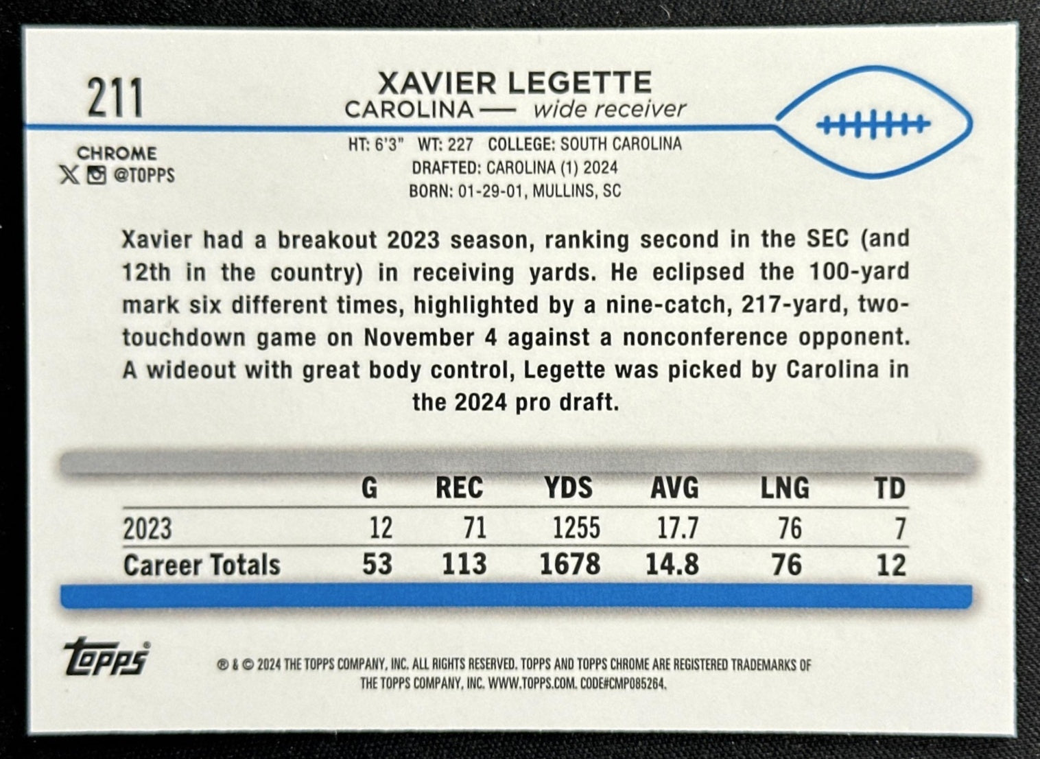 Xavier Legette 2024 Topps Chrome Aqua Sonar Refractor /199 Panthers