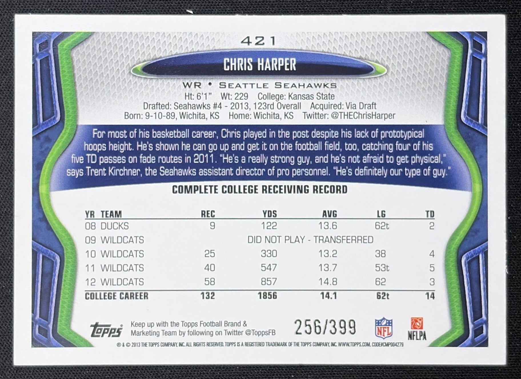 Chris Harper 2013 Topps Camo /399 Seahawks back