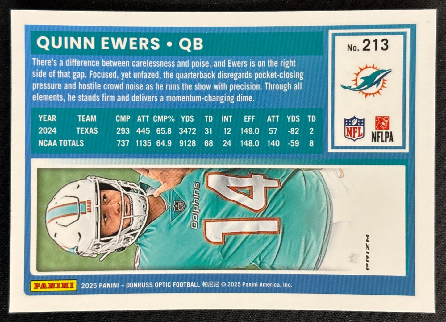 Quinn Ewers 2025 Donruss Optic Rated Rookie Purple Shock Prizm Dolphins Sports Trading Cards