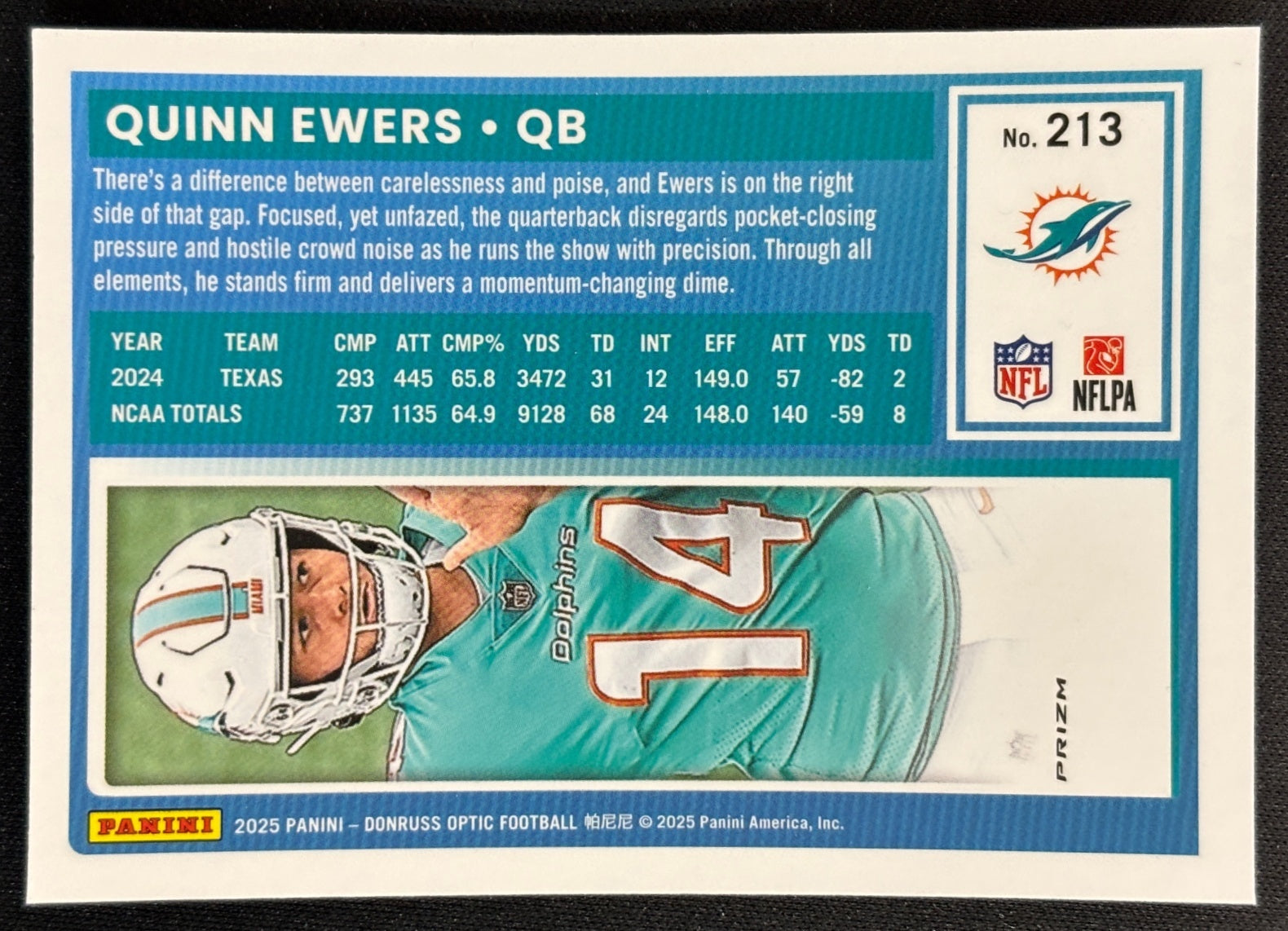 Quinn Ewers 2025 Donruss Optic Rated Rookie Purple Shock Prizm Dolphins Sports Trading Cards
